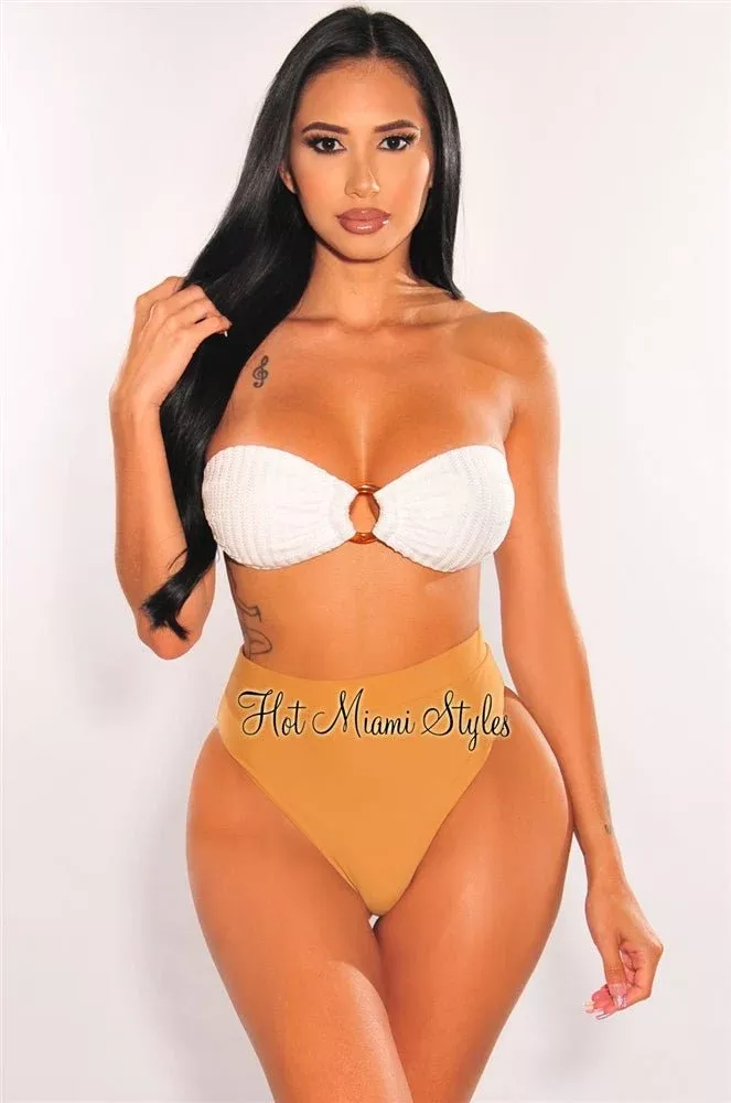 White Caramel Crochet Bandeau O-Ring High Cut Bikini