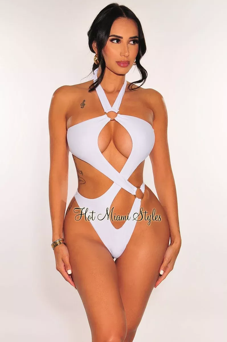 White Halter Gold O-Ring Cut Out Ruched Swimsuit