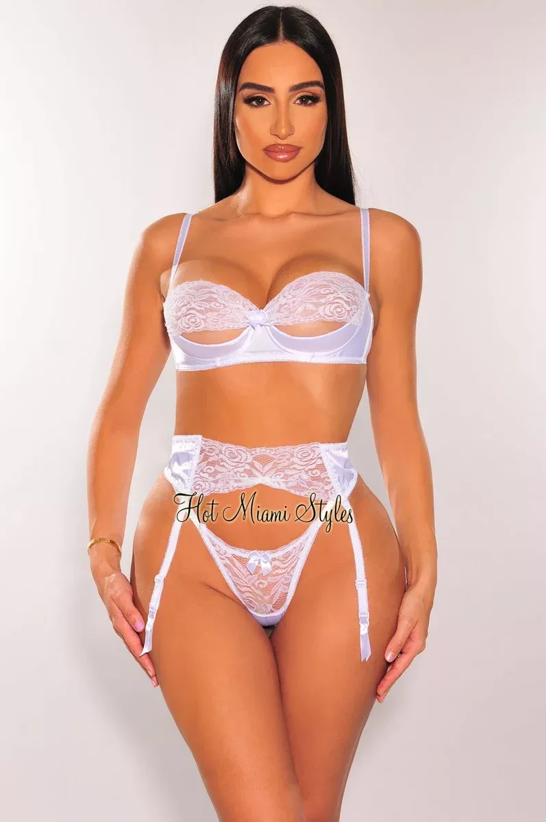 White Lace Cut Out Padded Underwire Cheeky Garter Lingerie Three Piece Set