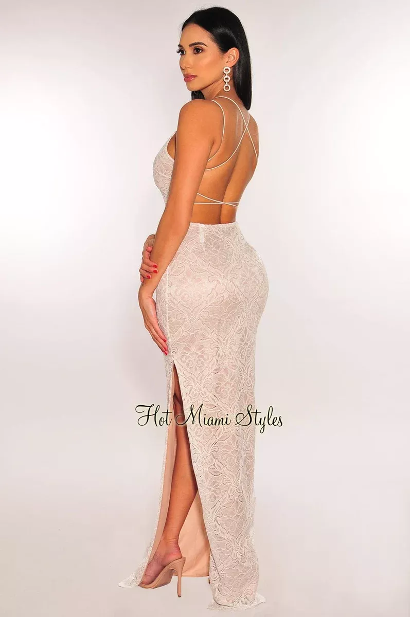 White Nude Floral Lace Elastic Straps CrissCross Back Slit Maxi Dress