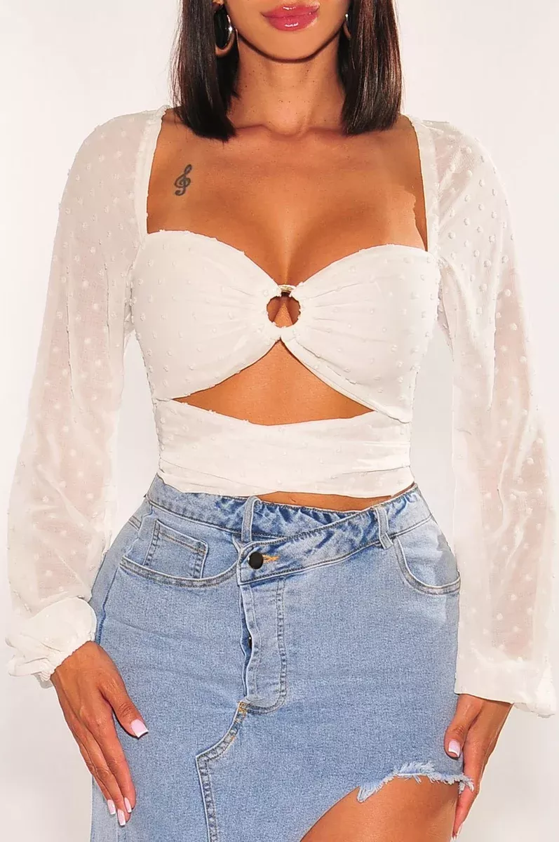 White O-Ring Cut Out Long Sleeve Wrap Around Crop Top