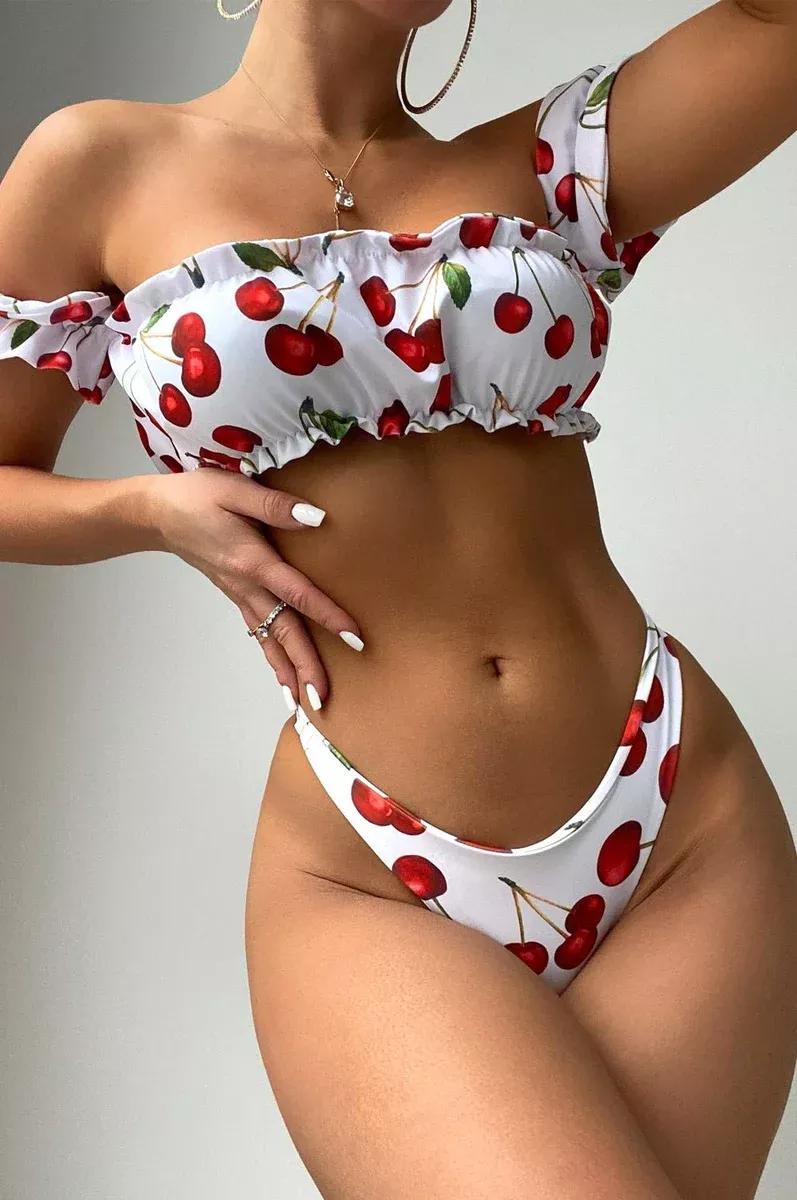 White Red Cherry Off Shoulder Ruffle Trim Bikini