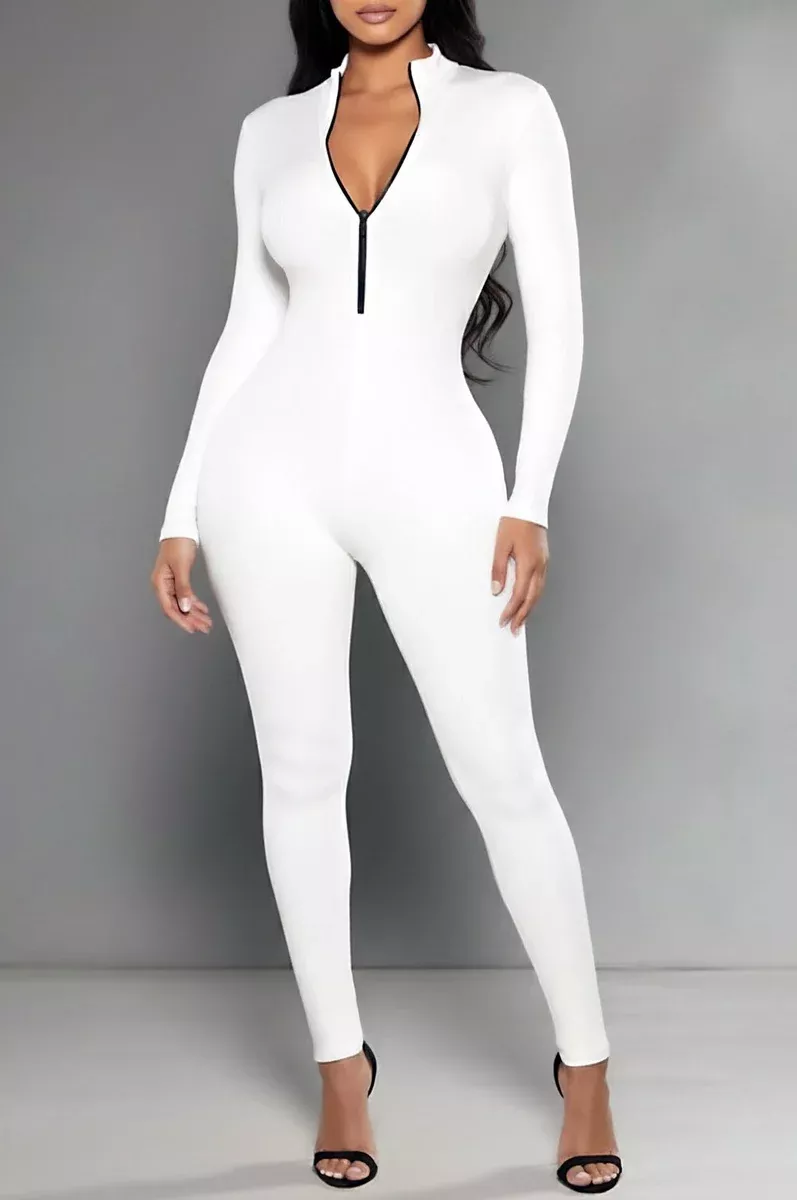 White Ribbed Zipper Long Sleeve Jumpsuit