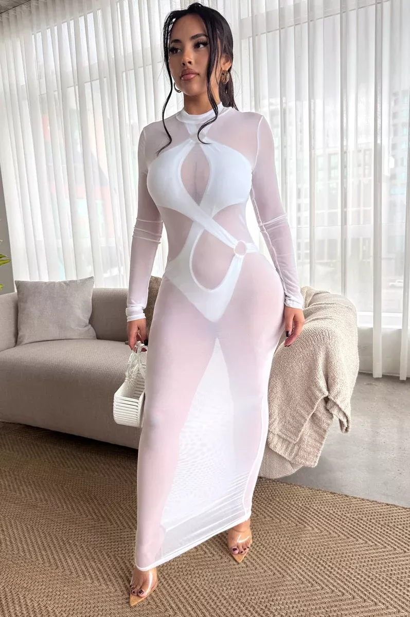 White Sheer Mesh Long Sleeve Cover Up Dress