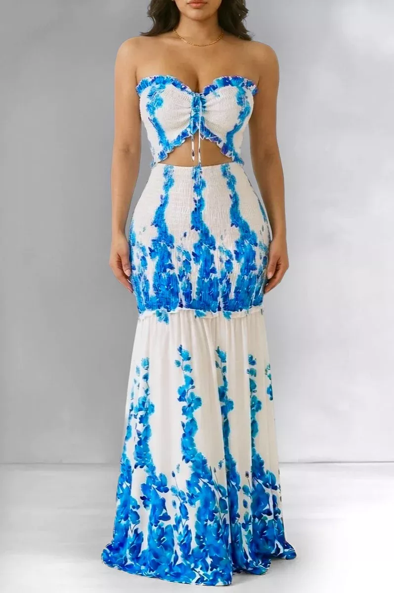 White Turquoise Strapless Floral Print Smocked Maxi Dress