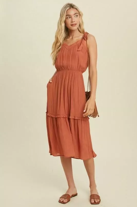 Why Wait Brick Tie-Strap Midi Dress | Boho Pink