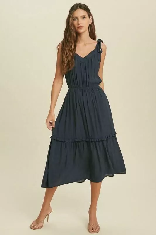 Why Wait Midnight Navy Tie-Strap Midi Dress | Boho Pink