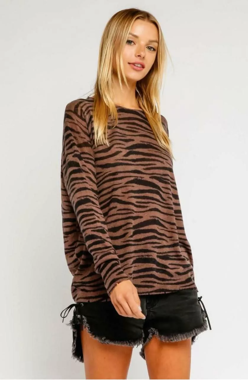 Wild Side Brown Zebra Print Sweater | Boho Pink