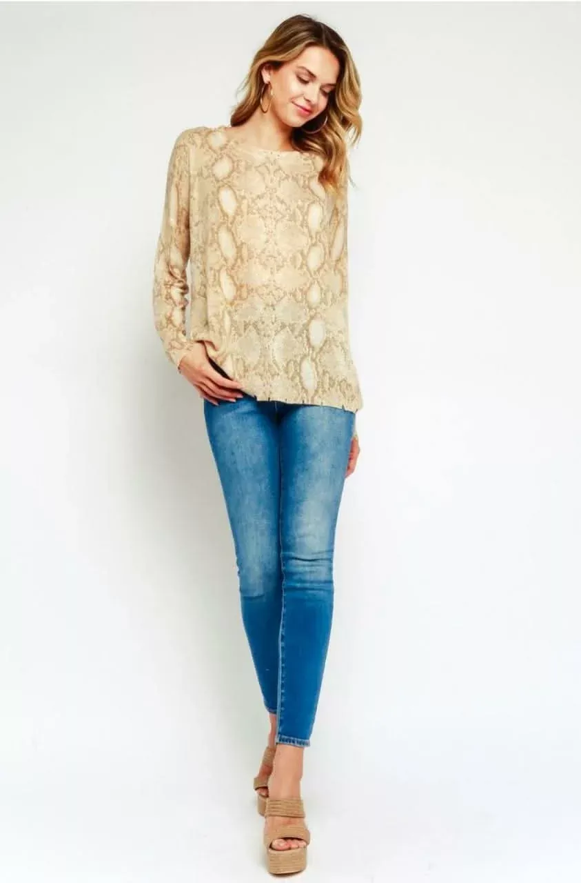 Wild Side Khaki Snake Print Sweater | Boho Pink