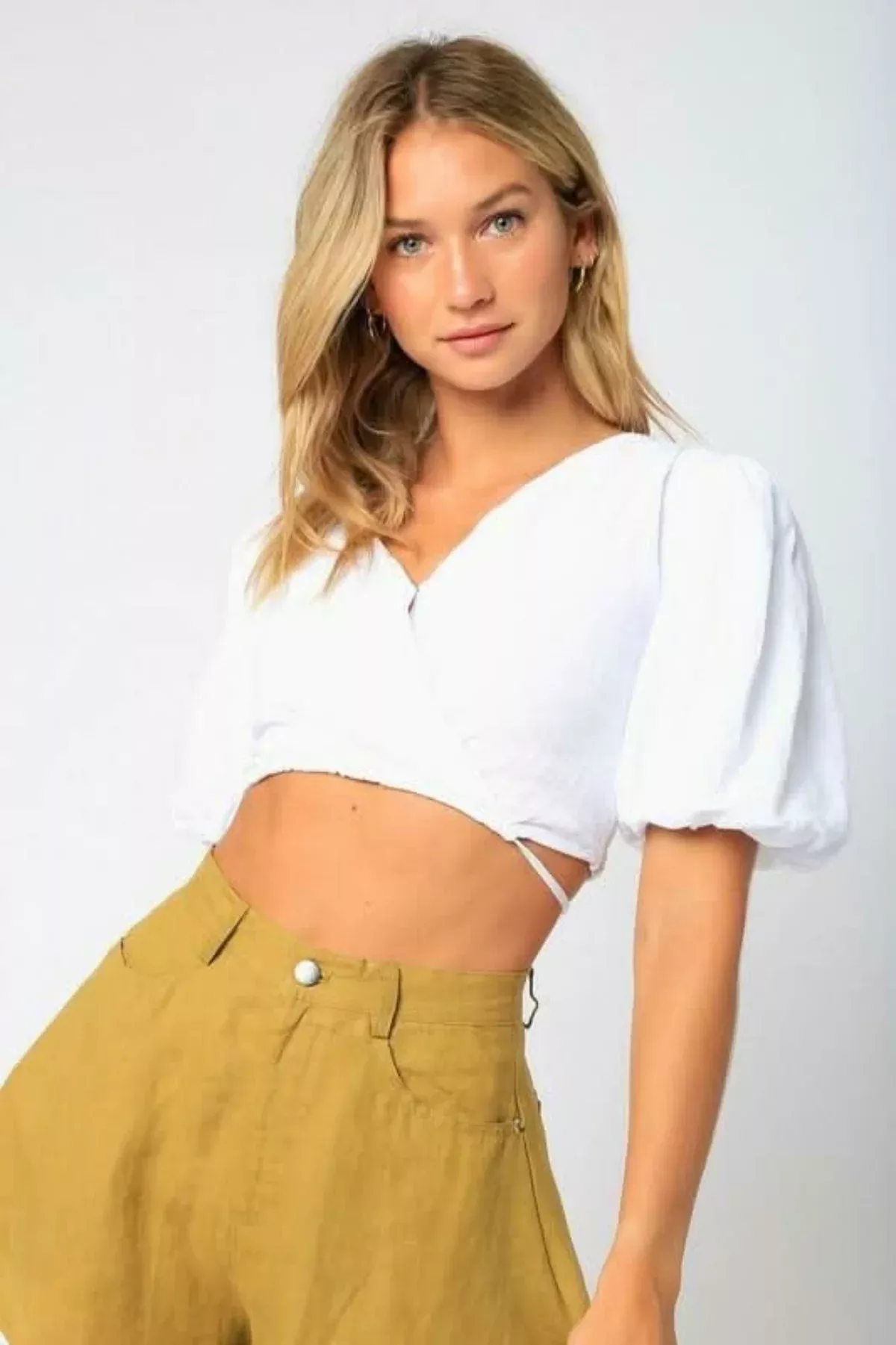 Wild Summer White Wrap Puff Sleeve Crop Top | Boho Pink