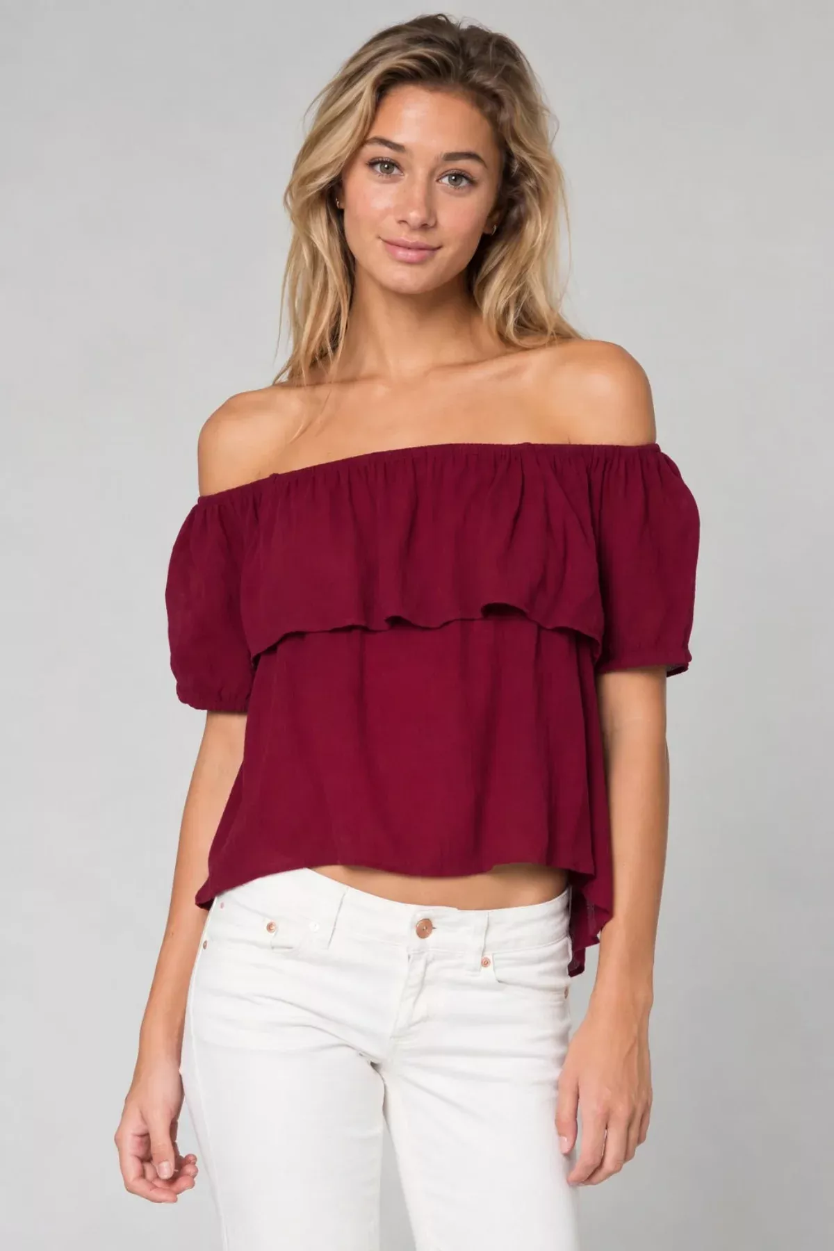 Without A Care Burgundy Ruffle Off-the-Shoulder Top | Boho Pink