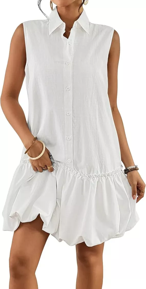 Women's Summer Linen Mini Dress, Sleeveless Button Down Shirt Dress, Casual Bubble Short Sundress with Pockets