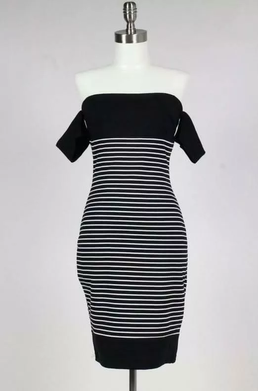 Worth it Black and White Striped Off-The-Shoulder Midi Dress | Boho Pink
