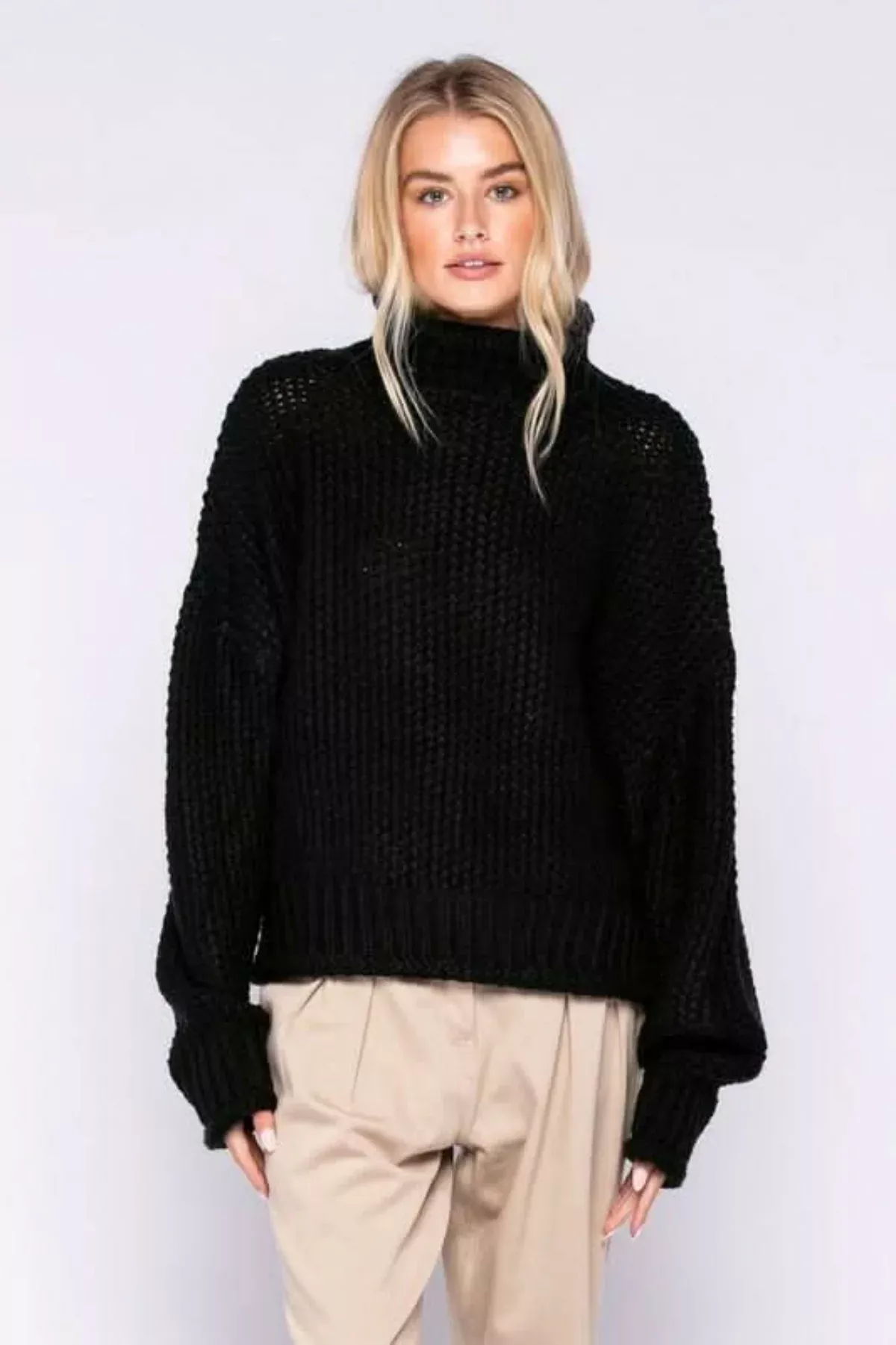 Yata Black Funnel Neck Knit Sweater | Boho Pink
