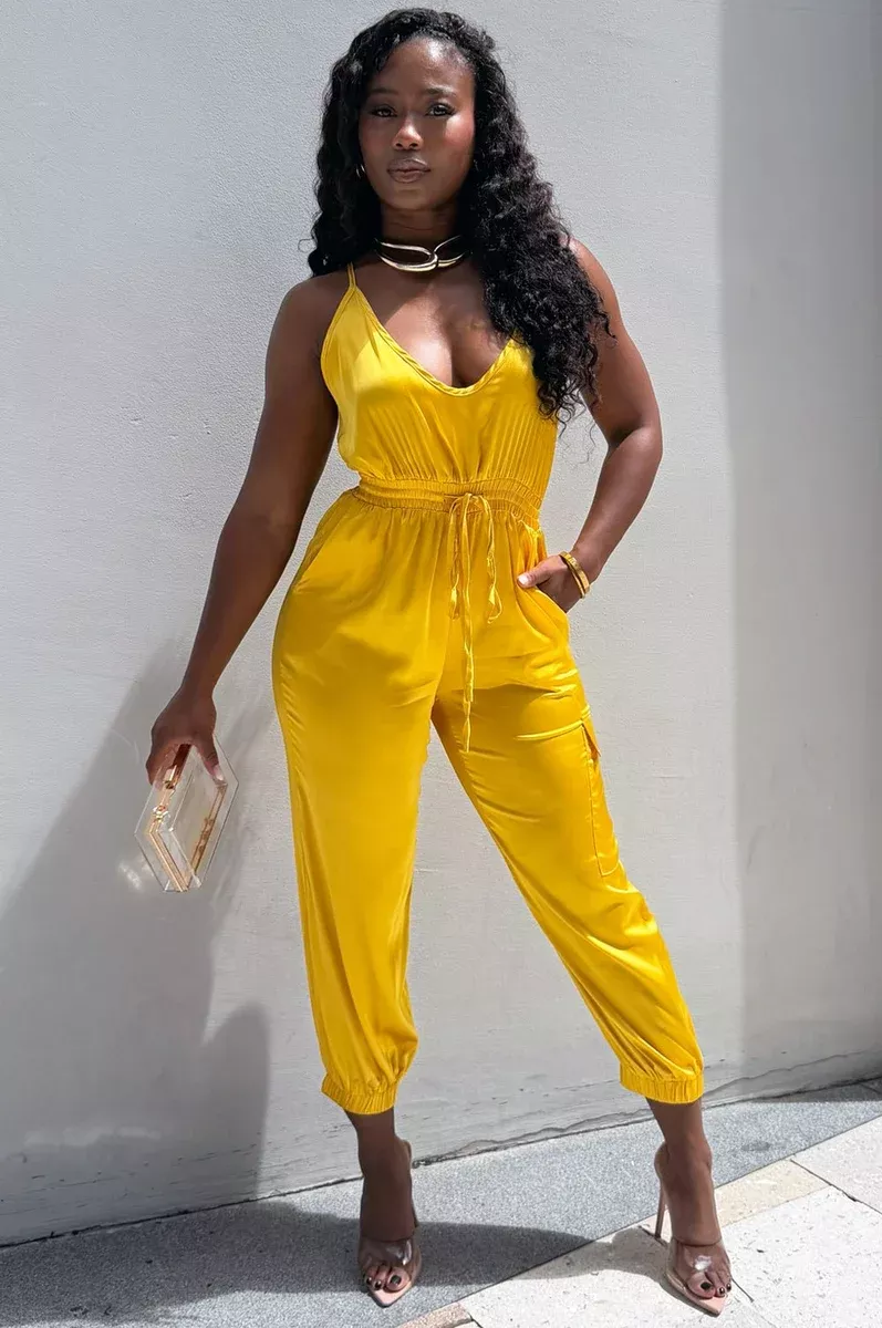 Yellow Gold Satin Spaghetti Strap Snatched Jumpsuit