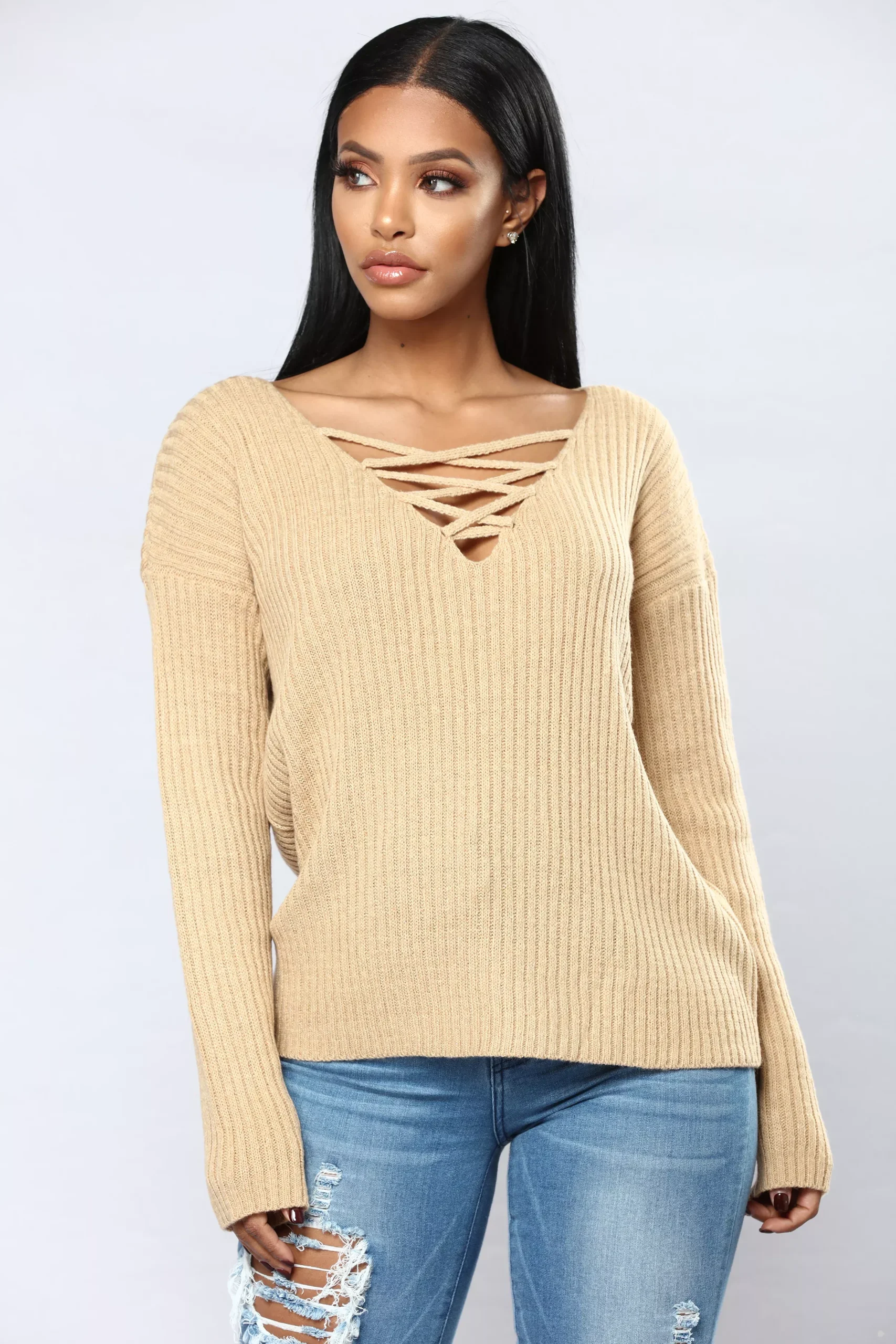 Yevana Lace Up Sweater - Mocha