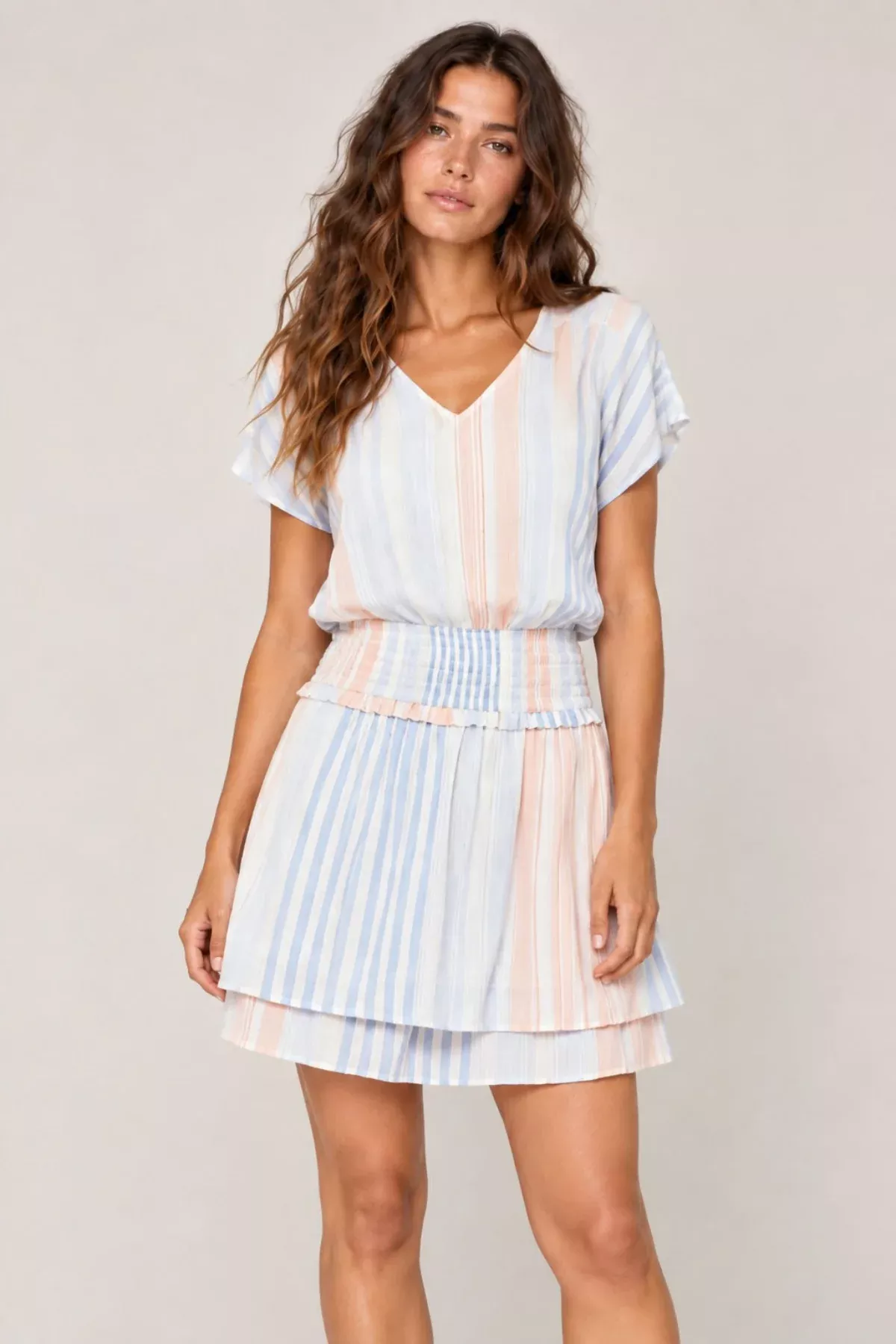 You and I Chambray Blue Striped Mini Dress | Boho Pink