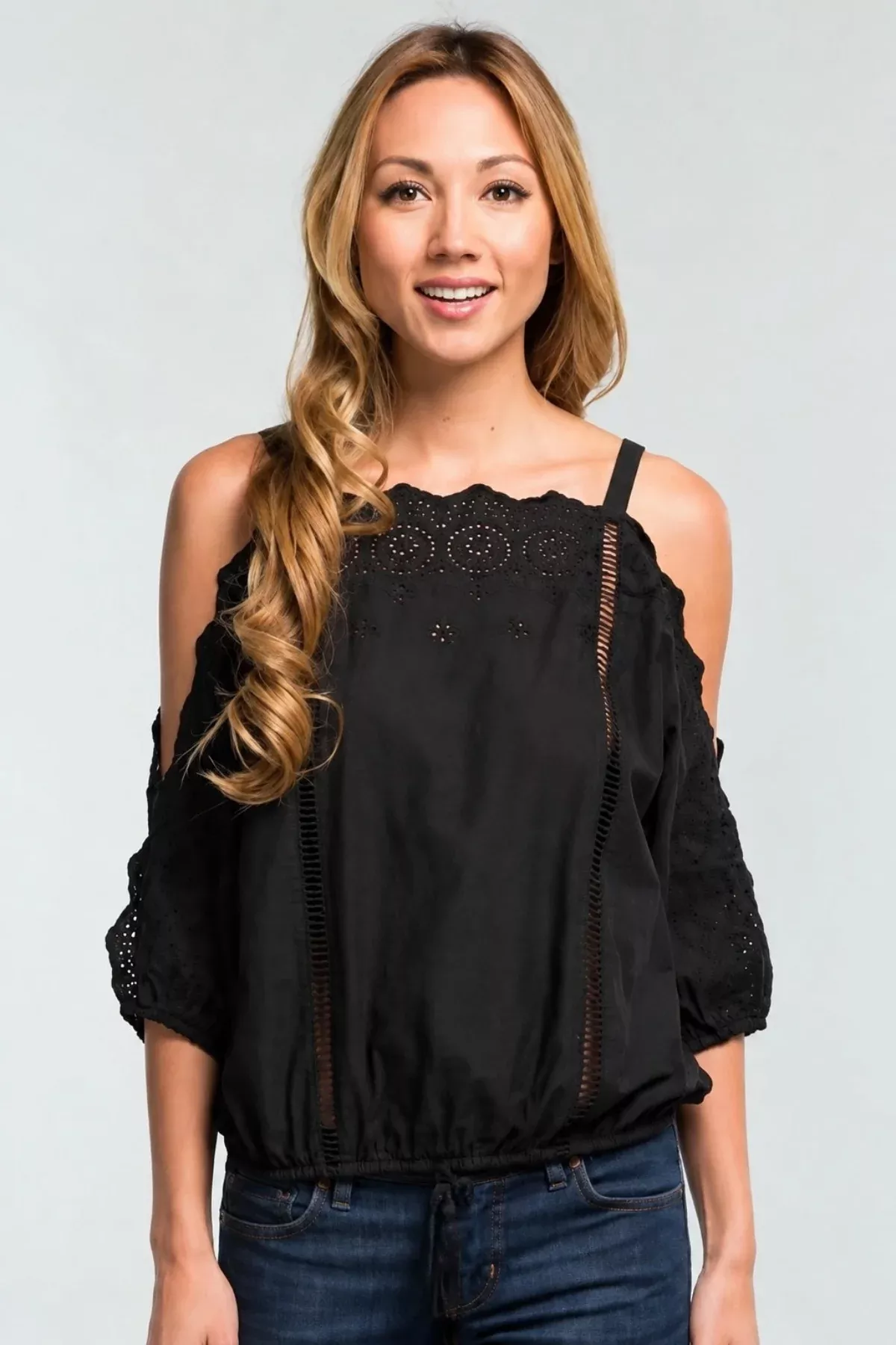 You're Mine Black Eyelet Cold Shoulder Top | Boho Pink