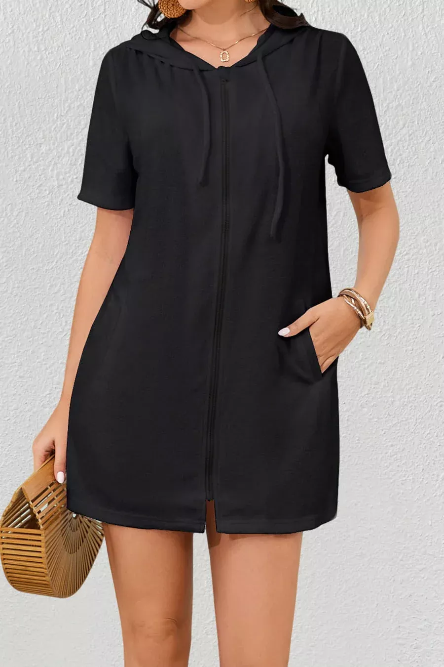 Zipper Hooded Pockets Cover up Swimsuit Dress