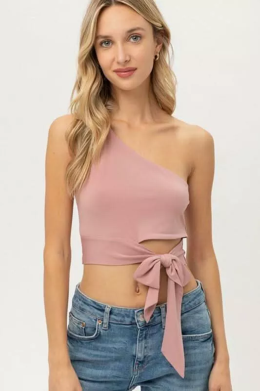 Zoe Mauve One-Shoulder Waist Tie Crop Top | Boho Pink