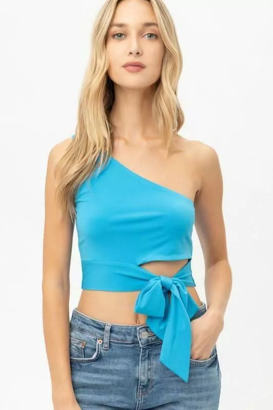 Zoe Turquoise Blue One-Shoulder Waist Tie Crop Top | Boho Pink